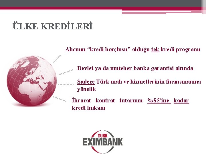 ÜLKE KREDİLERİ Alıcının “kredi borçlusu” olduğu tek kredi programı Devlet ya da muteber banka