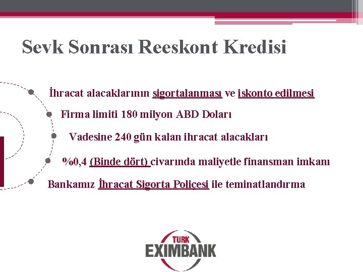 Sevk Sonrası Reeskont Kredisi İhracat alacaklarının sigortalanması ve iskonto edilmesi Firma limiti 180 milyon