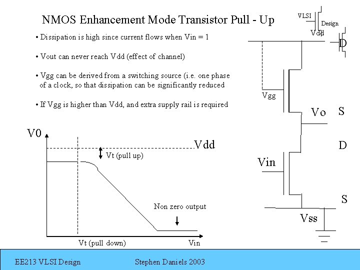 NMOS Enhancement Mode Transistor Pull - Up VLSI Design Vdd • Dissipation is high