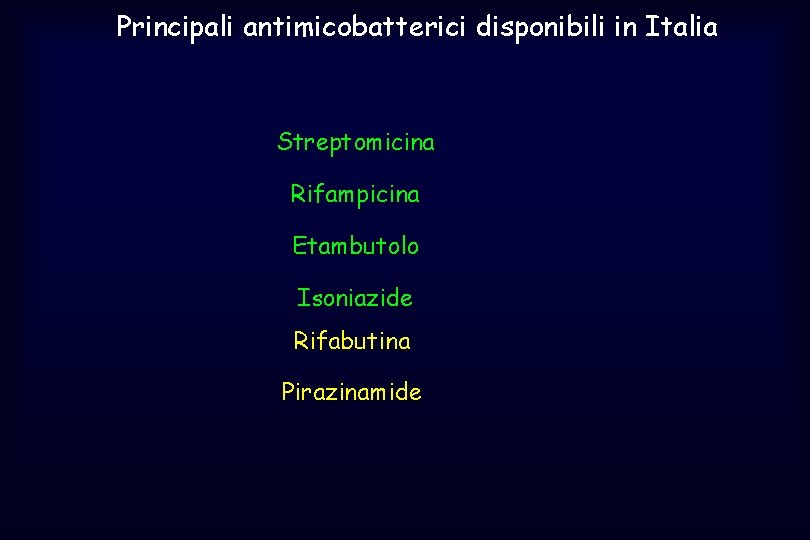 Principali antimicobatterici disponibili in Italia Streptomicina Rifampicina Etambutolo Isoniazide Rifabutina Pirazinamide 