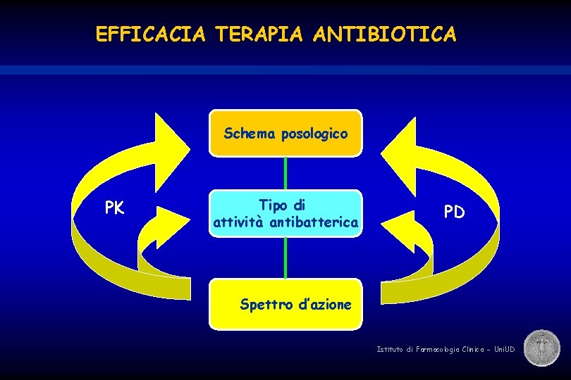 EFFICACIA TERAPIA ANTIBIOTICA Schema posologico PK Tipo di attività antibatterica PD Spettro d’azione Istituto