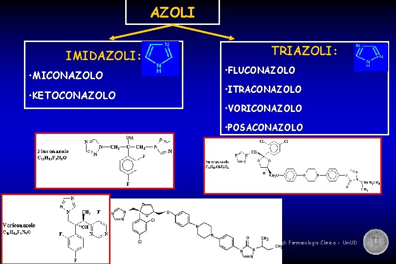 AZOLI IMIDAZOLI: • MICONAZOLO • KETOCONAZOLO TRIAZOLI: • FLUCONAZOLO • ITRACONAZOLO • VORICONAZOLO •