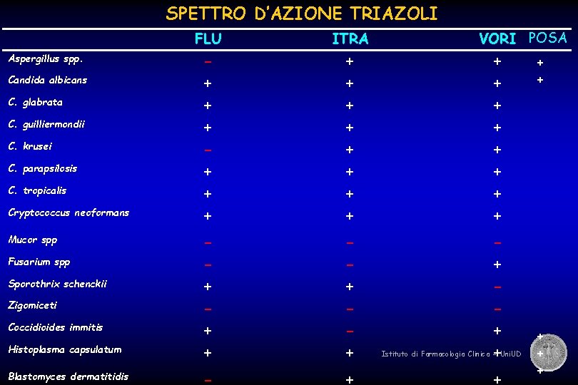 SPETTRO D’AZIONE TRIAZOLI Aspergillus spp. Candida albicans C. glabrata C. guilliermondii C. krusei C.