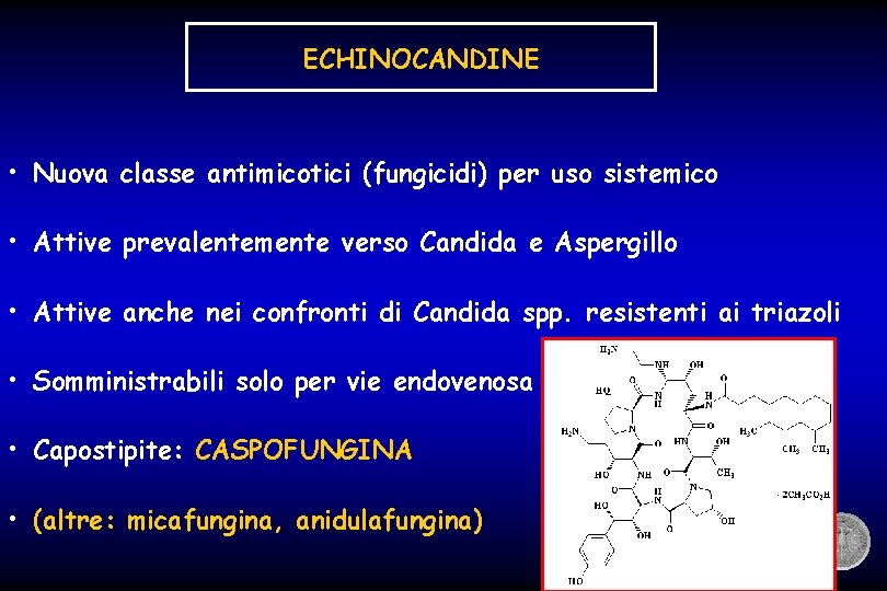 ECHINOCANDINE • Nuova classe antimicotici (fungicidi) per uso sistemico • Attive prevalentemente verso Candida