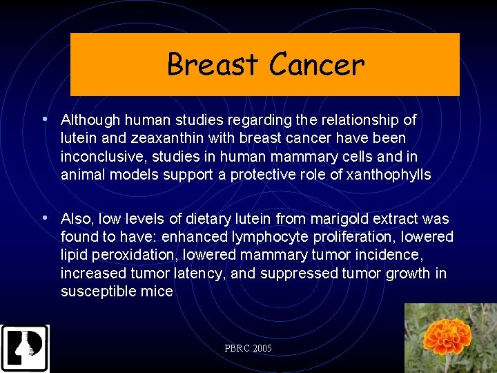 Breast Cancer • Although human studies regarding the relationship of lutein and zeaxanthin with