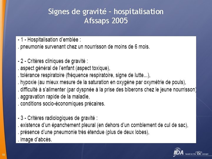 Signes de gravité – hospitalisation Afssaps 2005 10 