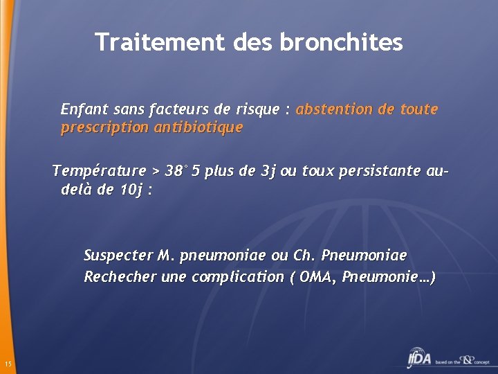 Traitement des bronchites Enfant sans facteurs de risque : abstention de toute prescription antibiotique