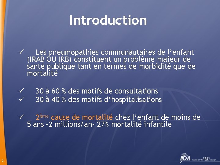 Introduction ü ü 2 Les pneumopathies communautaires de l’enfant (IRAB OU IRB) constituent un