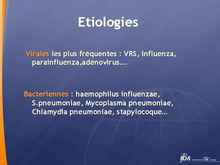 Etiologies Virales plus fréquentes : VRS, influenza, parainfluenza, adénovirus…. Bacteriennes : haemophilus influenzae, S.