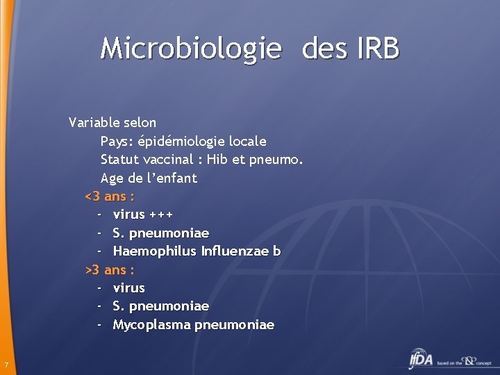 Microbiologie des IRB Variable selon Pays: épidémiologie locale Statut vaccinal : Hib et pneumo.