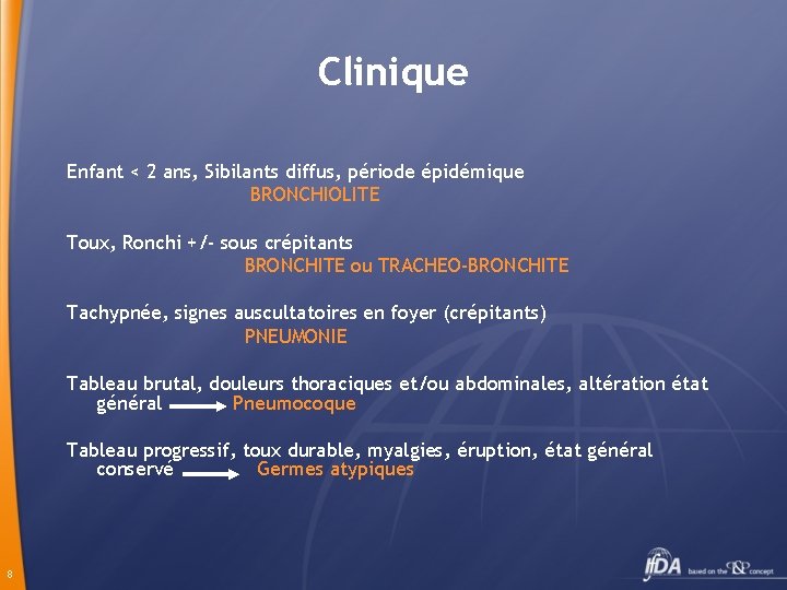 Clinique Enfant < 2 ans, Sibilants diffus, période épidémique BRONCHIOLITE Toux, Ronchi +/- sous