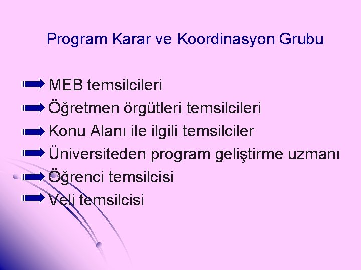 Program Karar ve Koordinasyon Grubu MEB temsilcileri Öğretmen örgütleri temsilcileri Konu Alanı ile ilgili