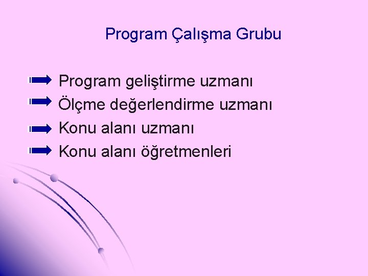 Program Çalışma Grubu Program geliştirme uzmanı Ölçme değerlendirme uzmanı Konu alanı öğretmenleri 