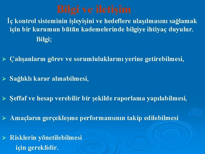 Bilgi ve iletişim İç kontrol sisteminin işleyişini ve hedeflere ulaşılmasını sağlamak için bir kurumun