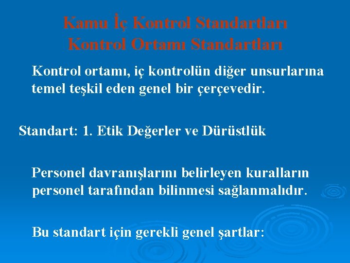 Kamu İç Kontrol Standartları Kontrol Ortamı Standartları Kontrol ortamı, iç kontrolün diğer unsurlarına temel