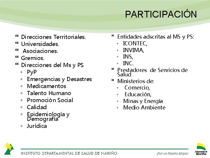 PARTICIPACIÓN Direcciones Territoriales. Universidades. Asociaciones. Gremios. Direcciones del Ms y PS ◦ Py. P
