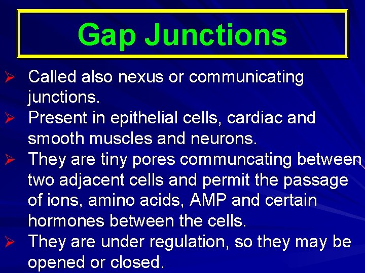 Gap Junctions Ø Called also nexus or communicating junctions. Ø Present in epithelial cells, Gap Junctions Ø Called also nexus or communicating junctions. Ø Present in epithelial cells,
