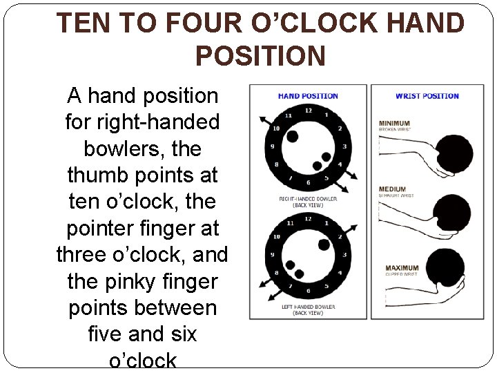TEN TO FOUR O’CLOCK HAND POSITION A hand position for right-handed bowlers, the thumb