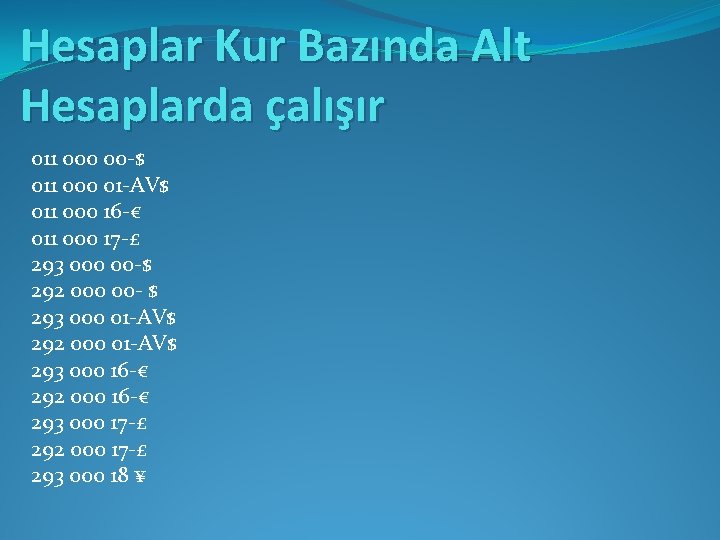 Hesaplar Kur Bazında Alt Hesaplarda çalışır 011 000 00 -$ 011 000 01 -AV$
