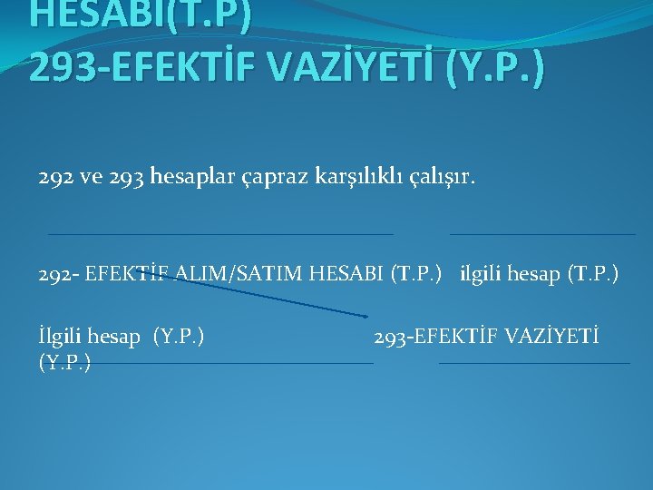 HESABI(T. P) 293 -EFEKTİF VAZİYETİ (Y. P. ) 292 ve 293 hesaplar çapraz karşılıklı