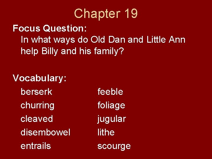 Chapter 19 Focus Question: In what ways do Old Dan and Little Ann help