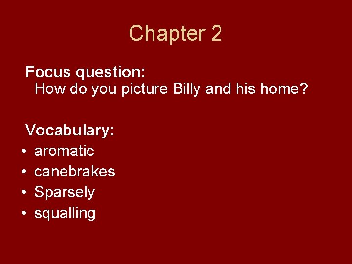 Chapter 2 Focus question: How do you picture Billy and his home? Vocabulary: •