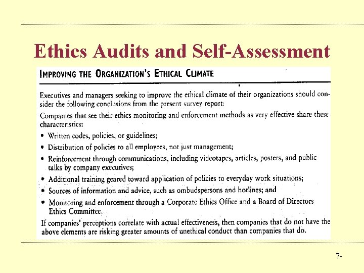 Ethics Audits and Self-Assessment 7 - 