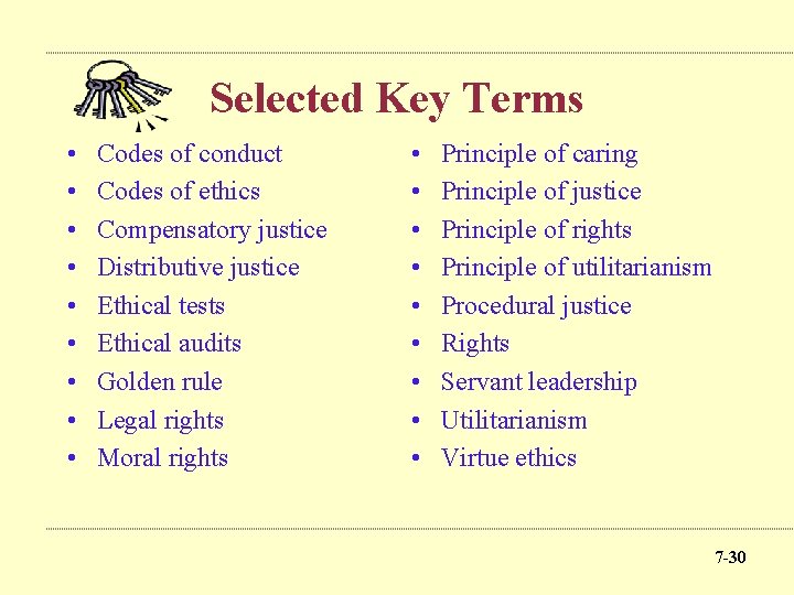Selected Key Terms • • • Codes of conduct Codes of ethics Compensatory justice