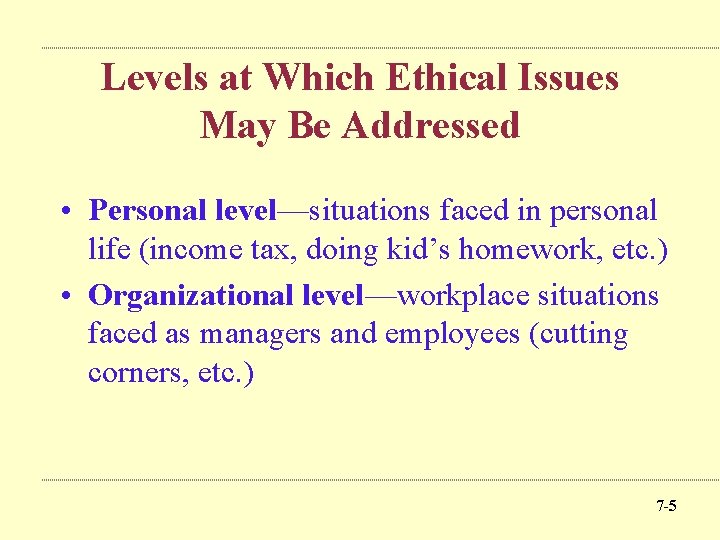 Levels at Which Ethical Issues May Be Addressed • Personal level—situations faced in personal