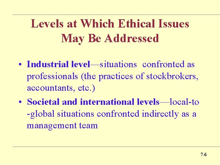 Levels at Which Ethical Issues May Be Addressed • Industrial level—situations confronted as professionals