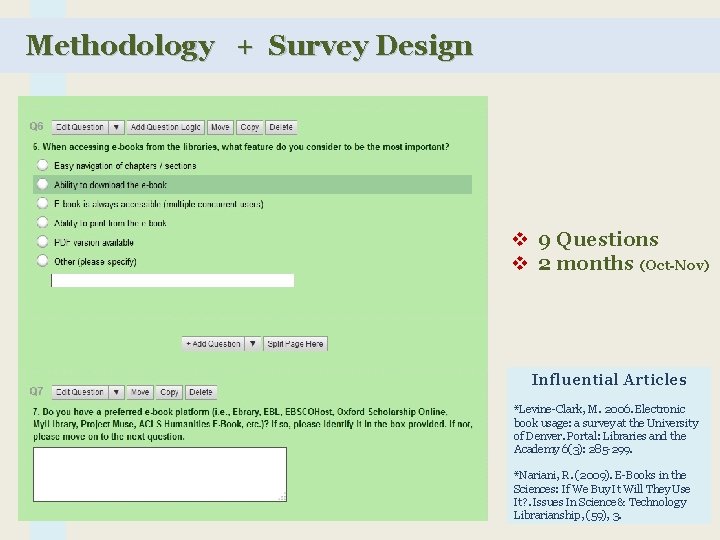 Methodology + Survey Design v 9 Questions v 2 months (Oct-Nov) Influential Articles *Levine-Clark,