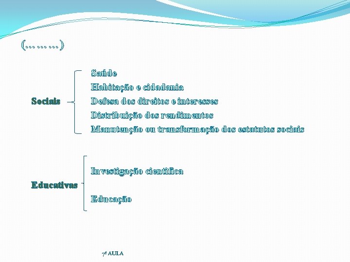 (………) Sociais Saúde Habitação e cidadania Defesa dos direitos e interesses Distribuição dos rendimentos