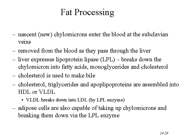 Fat Processing – nascent (new) chylomicrons enter the blood at the subclavian veins –