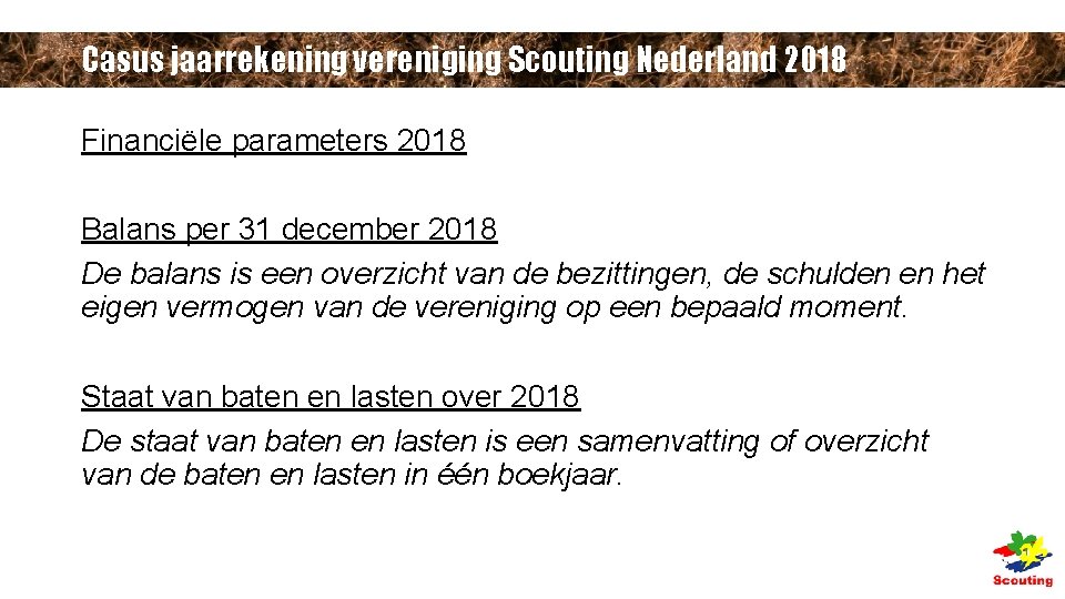 Casus jaarrekening vereniging Scouting Nederland 2018 Financiële parameters 2018 Balans per 31 december 2018 Casus jaarrekening vereniging Scouting Nederland 2018 Financiële parameters 2018 Balans per 31 december 2018