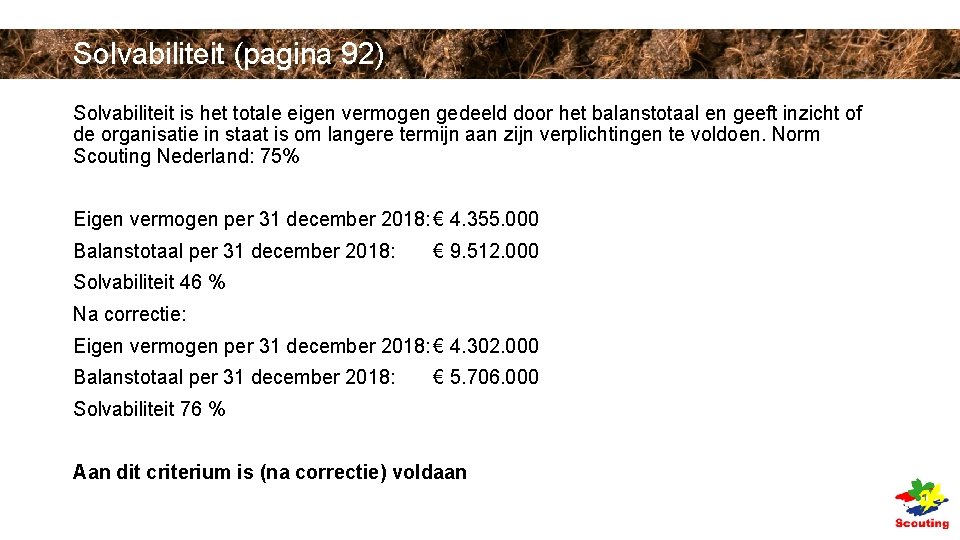 Solvabiliteit (pagina 92) Solvabiliteit is het totale eigen vermogen gedeeld door het balanstotaal en Solvabiliteit (pagina 92) Solvabiliteit is het totale eigen vermogen gedeeld door het balanstotaal en