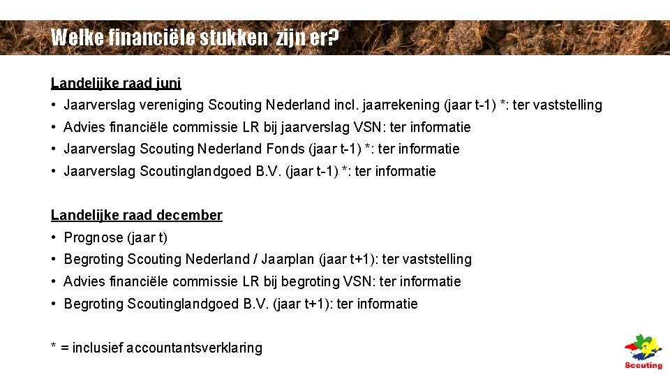 Welke financiële stukken zijn er? Landelijke raad juni • Jaarverslag vereniging Scouting Nederland incl. Welke financiële stukken zijn er? Landelijke raad juni • Jaarverslag vereniging Scouting Nederland incl.