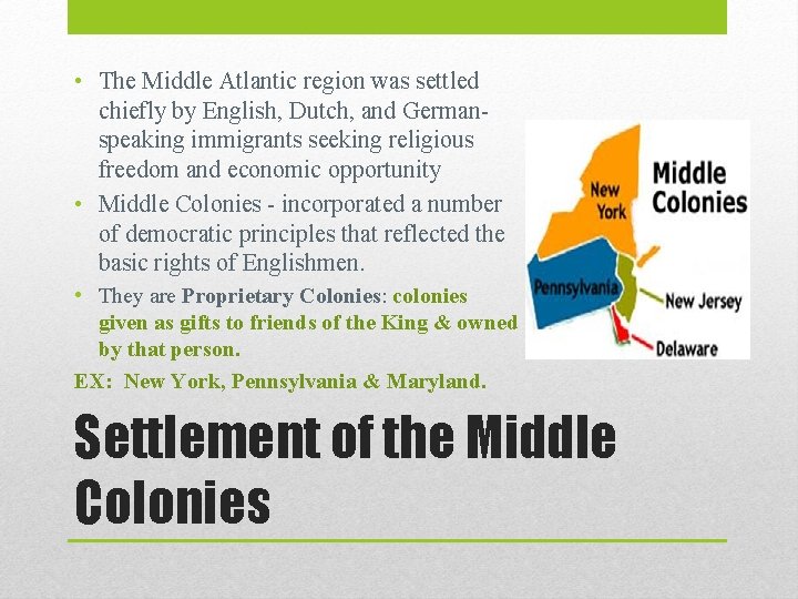 • The Middle Atlantic region was settled chiefly by English, Dutch, and Germanspeaking • The Middle Atlantic region was settled chiefly by English, Dutch, and Germanspeaking