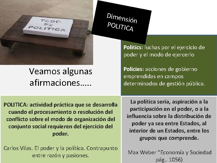 Dimen sión POLITIC A Politics: luchas por el ejercicio de poder y el modo