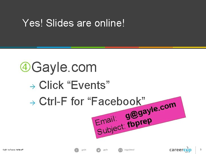 Yes! Slides are online! Gayle. com Click “Events” Ctrl-F for “Facebook” m o c. Yes! Slides are online! Gayle. com Click “Events” Ctrl-F for “Facebook” m o c.