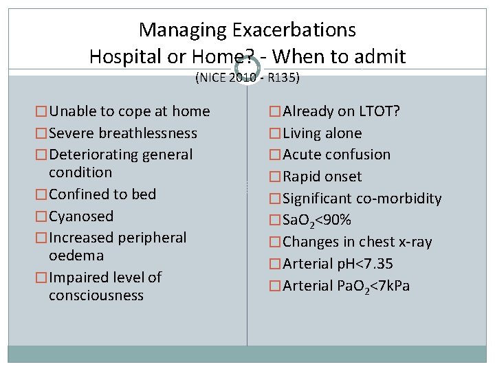 Managing Exacerbations Hospital or Home? - When to admit (NICE 2010 - R 135)