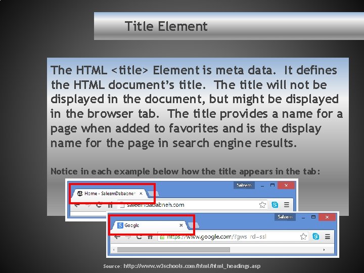 Title Element The HTML <title> Element is meta data. It defines the HTML document’s