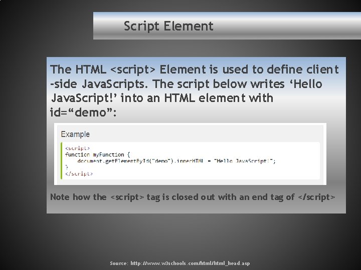 Script Element The HTML <script> Element is used to define client -side Java. Scripts.