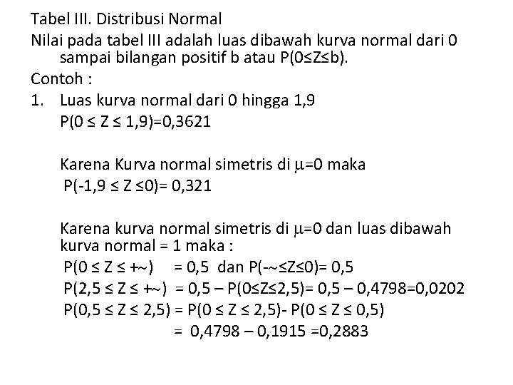 Tabel III. Distribusi Normal Nilai pada tabel III adalah luas dibawah kurva normal dari
