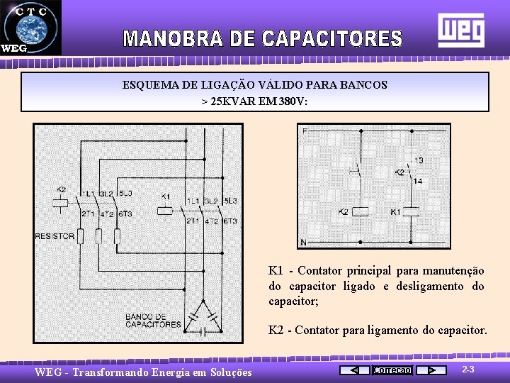 ESQUEMA DE LIGAÇÃO VÁLIDO PARA BANCOS > 25 KVAR EM 380 V: K 1