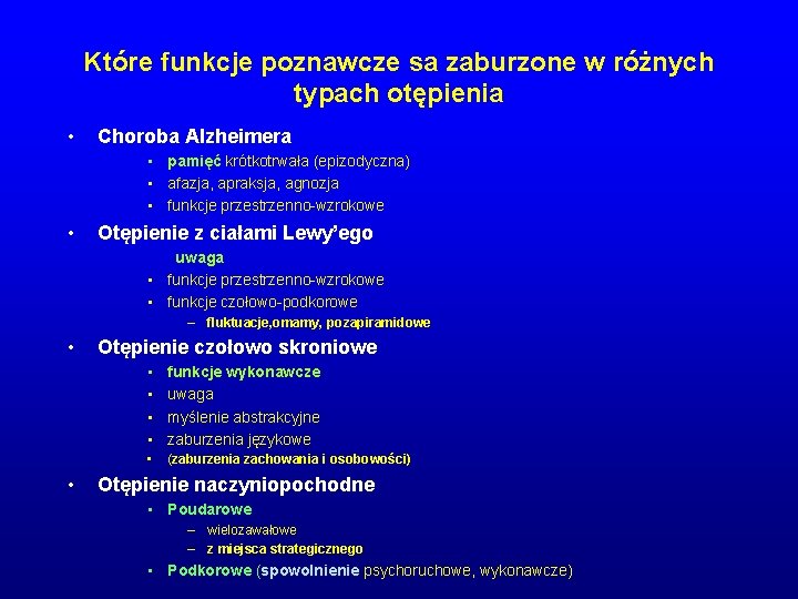 Które funkcje poznawcze sa zaburzone w różnych typach otępienia • Choroba Alzheimera • pamięć Które funkcje poznawcze sa zaburzone w różnych typach otępienia • Choroba Alzheimera • pamięć