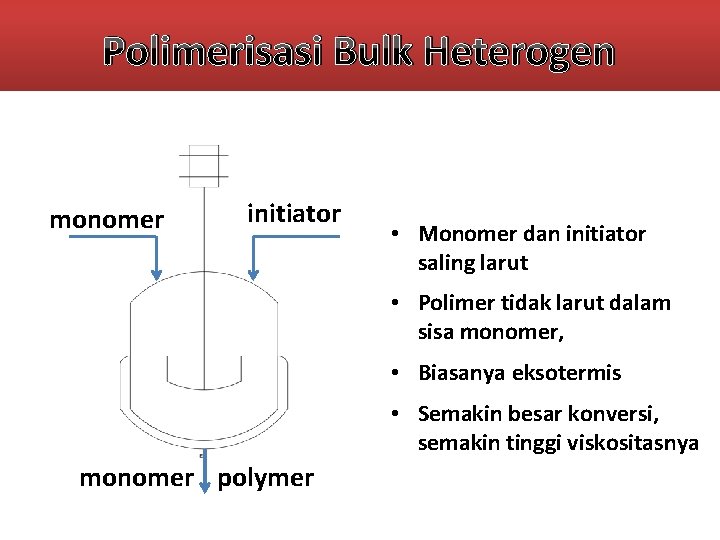 Polimerisasi Bulk Heterogen monomer initiator • Monomer dan initiator saling larut • Polimer tidak