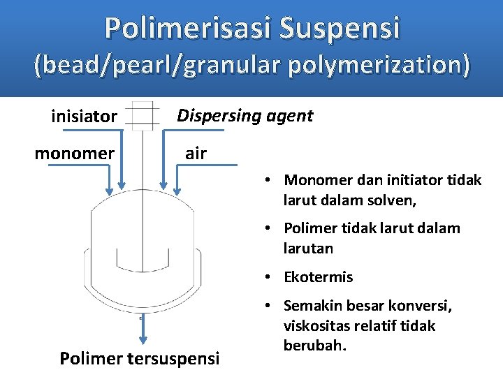 Polimerisasi Suspensi (bead/pearl/granular polymerization) inisiator monomer Dispersing agent air • Monomer dan initiator tidak