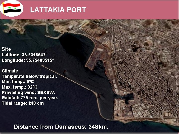 LATTAKIA PORT Site Latitude: 35. 5318642° Longitude: 35. 75483515° Climate Temperate below tropical. Min.