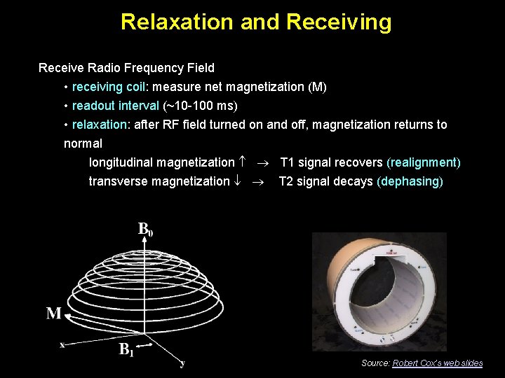 Relaxation and Receiving Receive Radio Frequency Field • receiving coil: measure net magnetization (M)