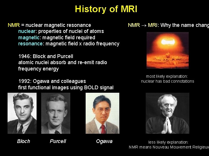 History of MRI NMR = nuclear magnetic resonance nuclear: properties of nuclei of atoms